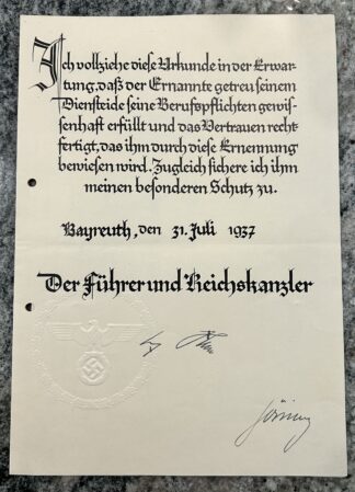 VERY RARE 1937 Dated Promotion Document Hand Signed by Adolf Hitler and Hermann Göring
